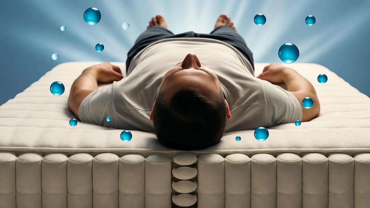 Person on dream mattress relieving back pain with spinal alignment.