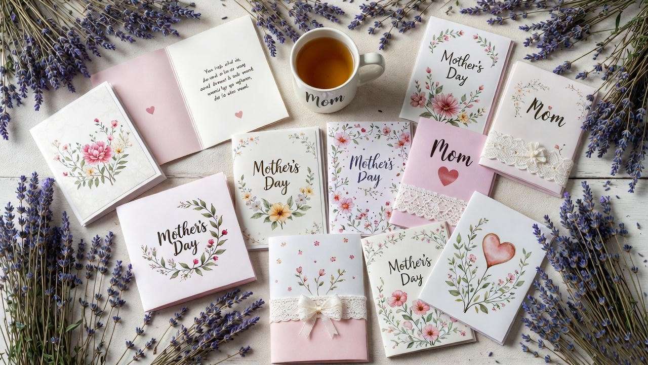 12 free printable Mother’s Day cards for teens arranged in heart with lavender and tea.
