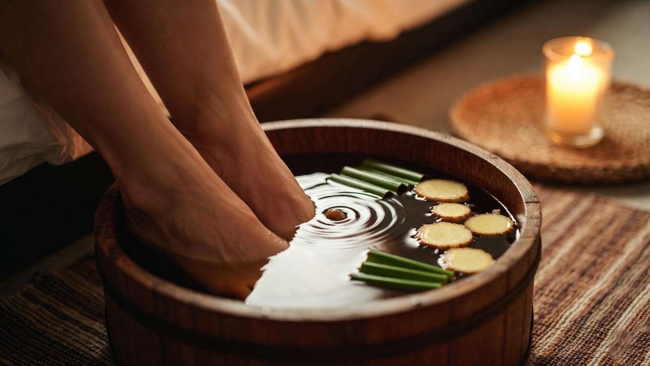 Thai herbal foot soak with pandan and ginger for restful sleep preparation