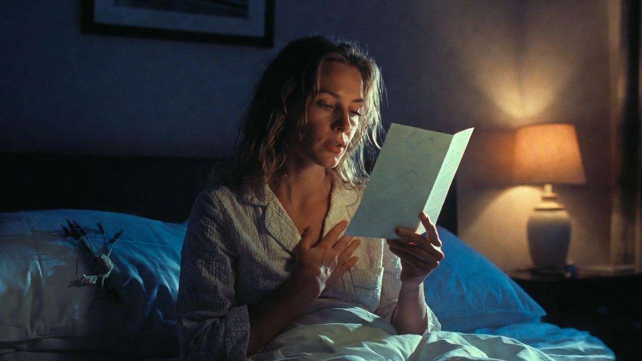 Mom practicing 4-7-8 breathing while reading teen’s gratitude card at bedtime.