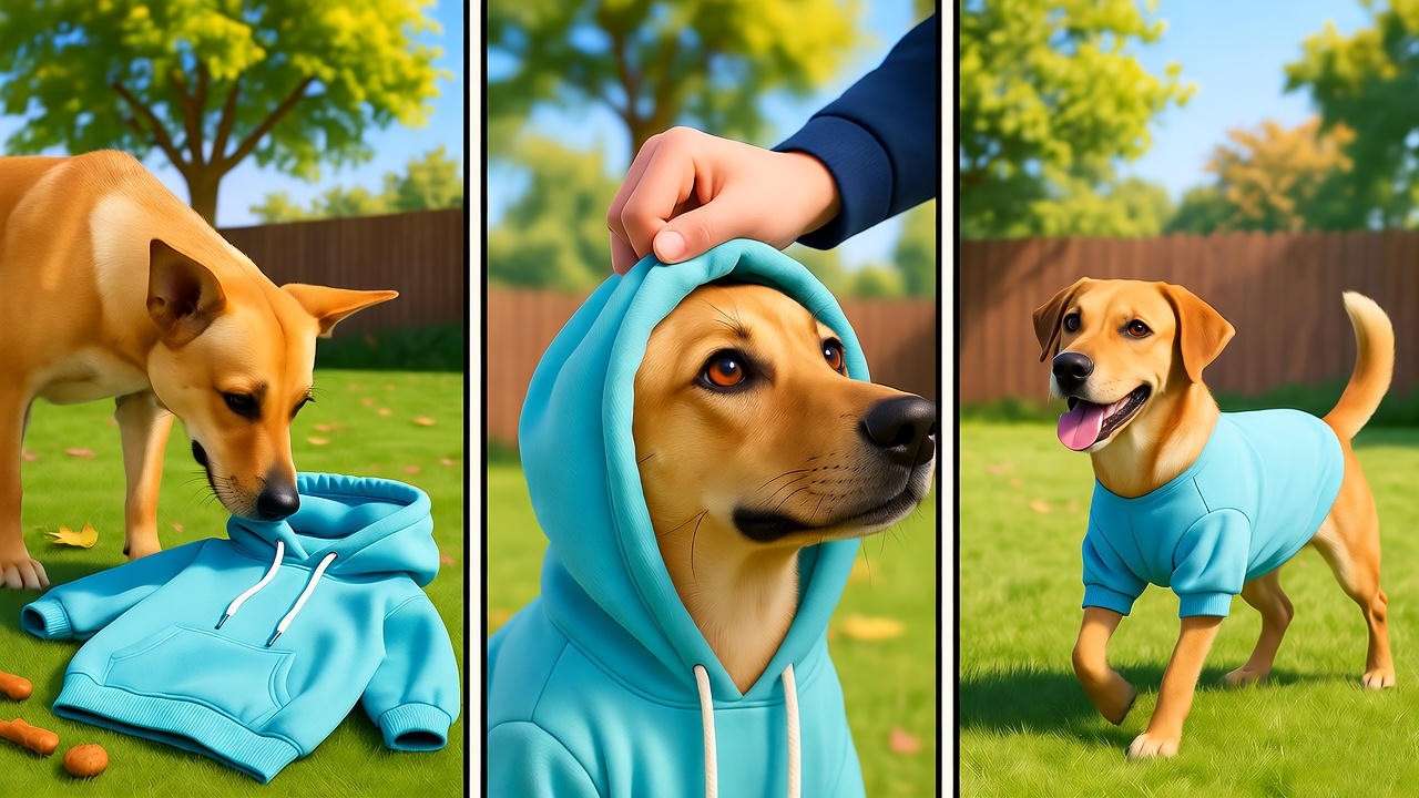Step-by-step guide visuals for training dog to accept happy hoodie calmly.