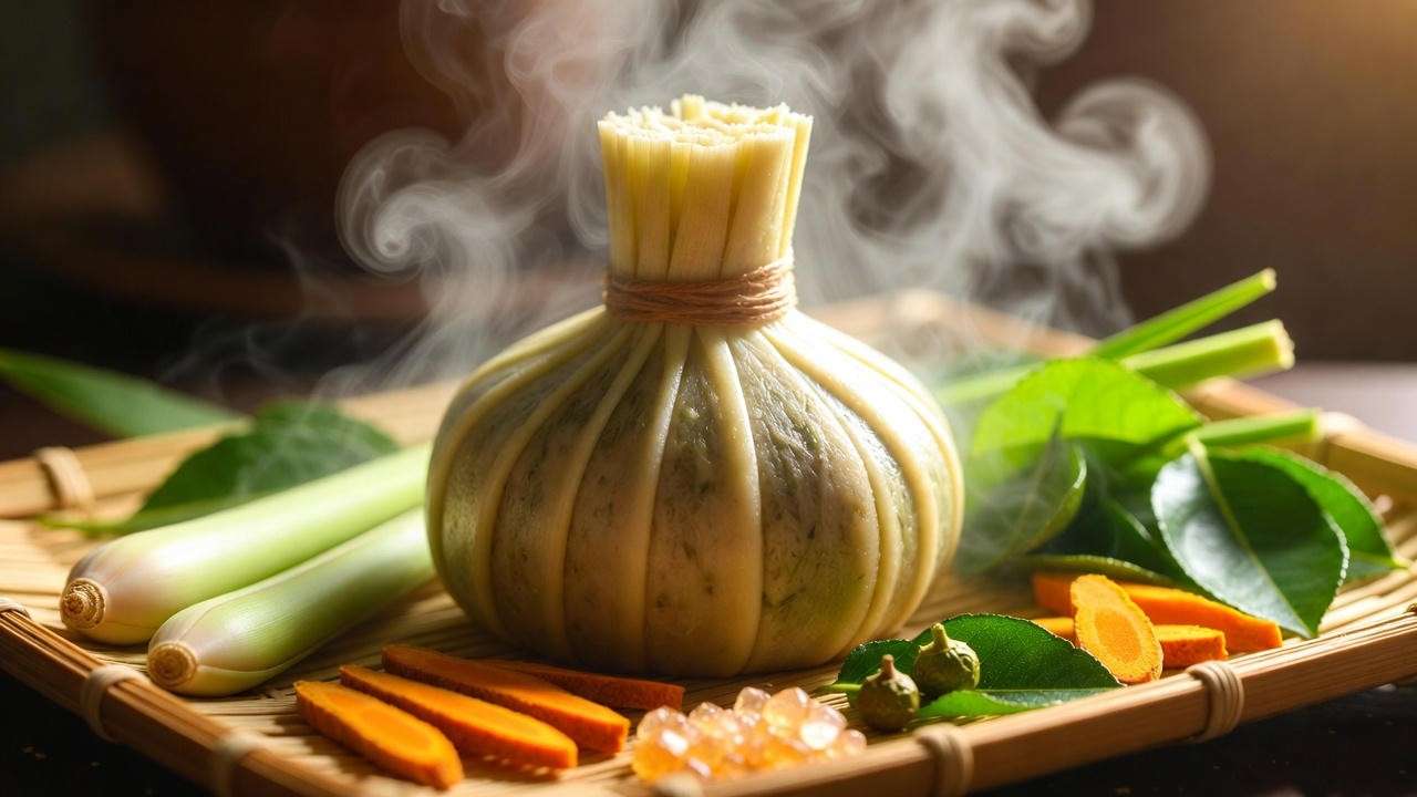 Close-up of steaming Thai herbal compress with lemongrass and turmeric for deep relaxation