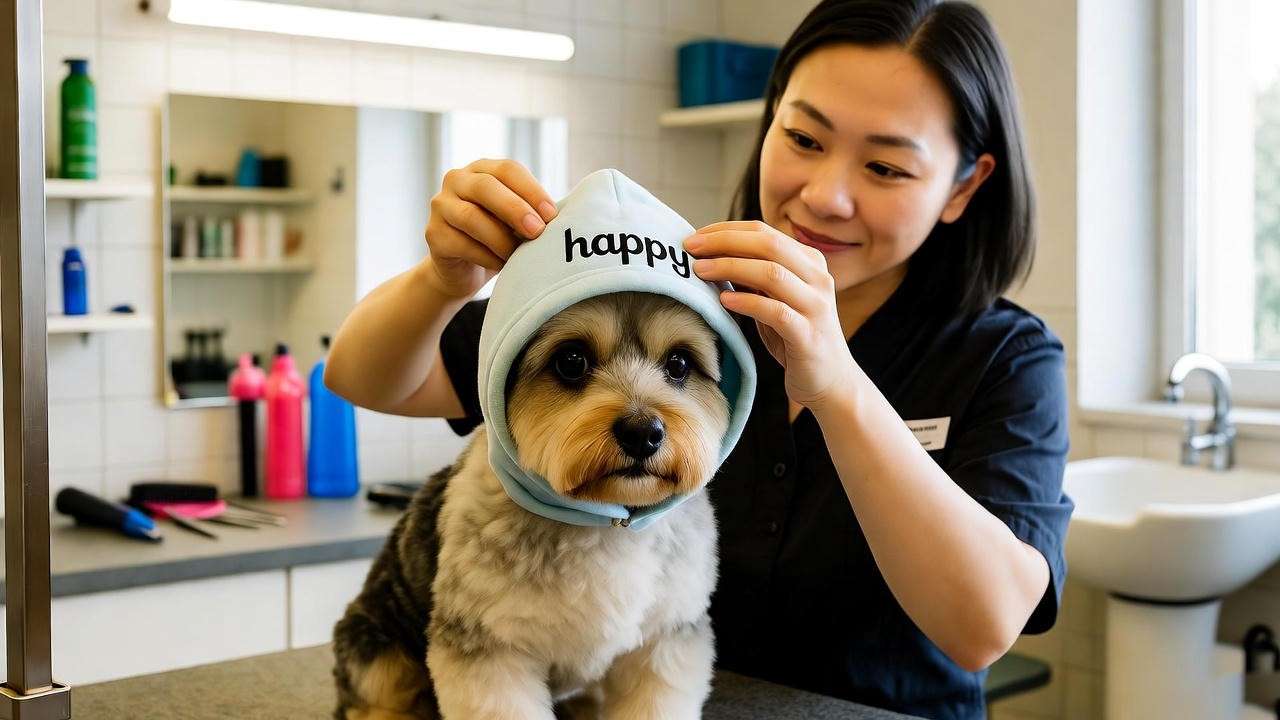 Groomer using happy hoodie for dogs to ease stress during pet grooming session.