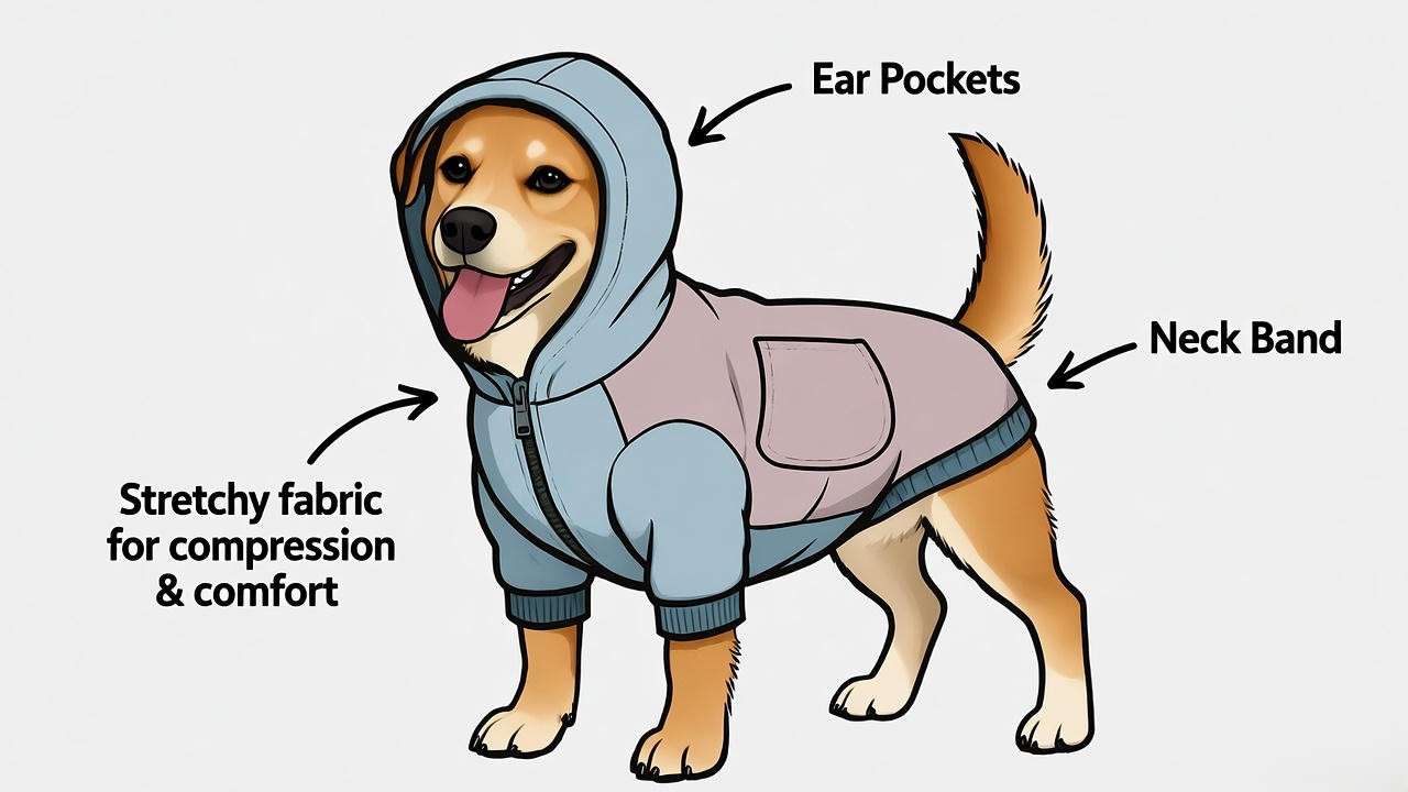 Illustrative diagram of happy hoodie for dogs design and key features for anxiety relief.