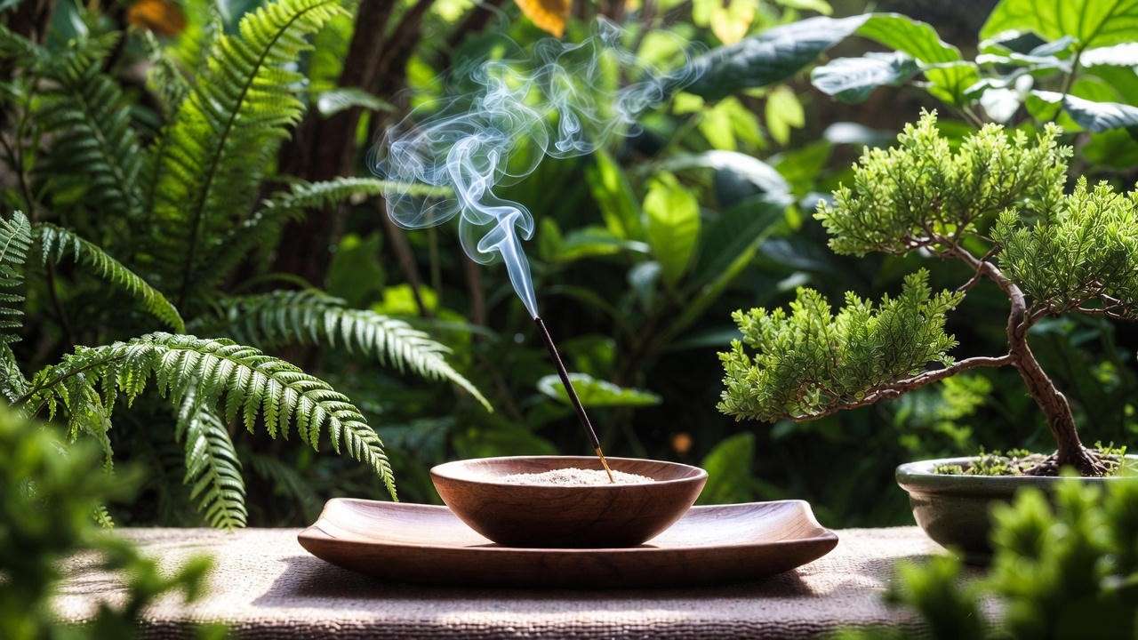 Thai kasinā earth meditation setup with sand, incense, and bonsai for mindfulness