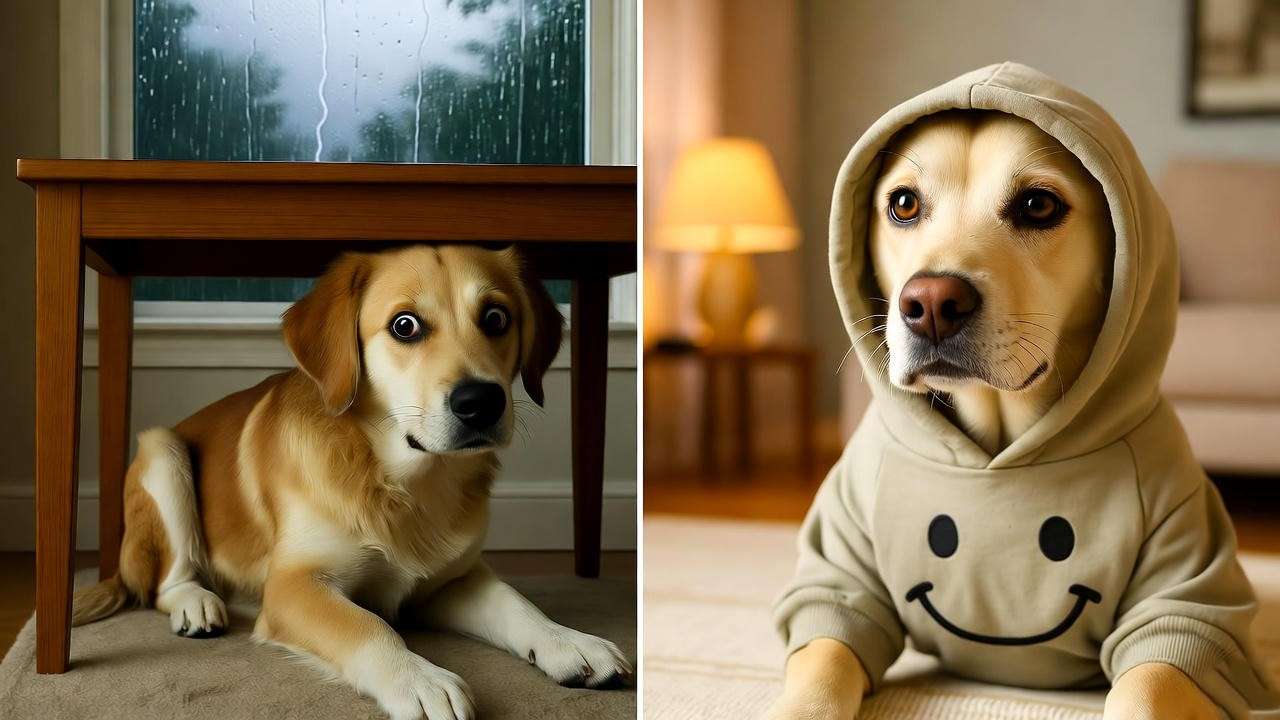 Dog anxious in thunderstorm vs. calm with happy hoodie for dogs.