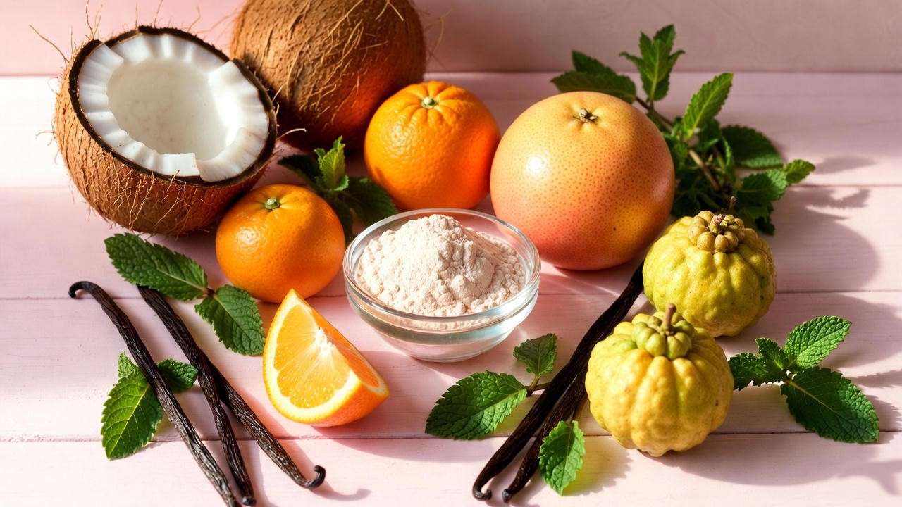 Natural ingredients in Happy Tooth Toothpaste: hydroxyapatite, citrus fruits, vanilla, mint leaves.
