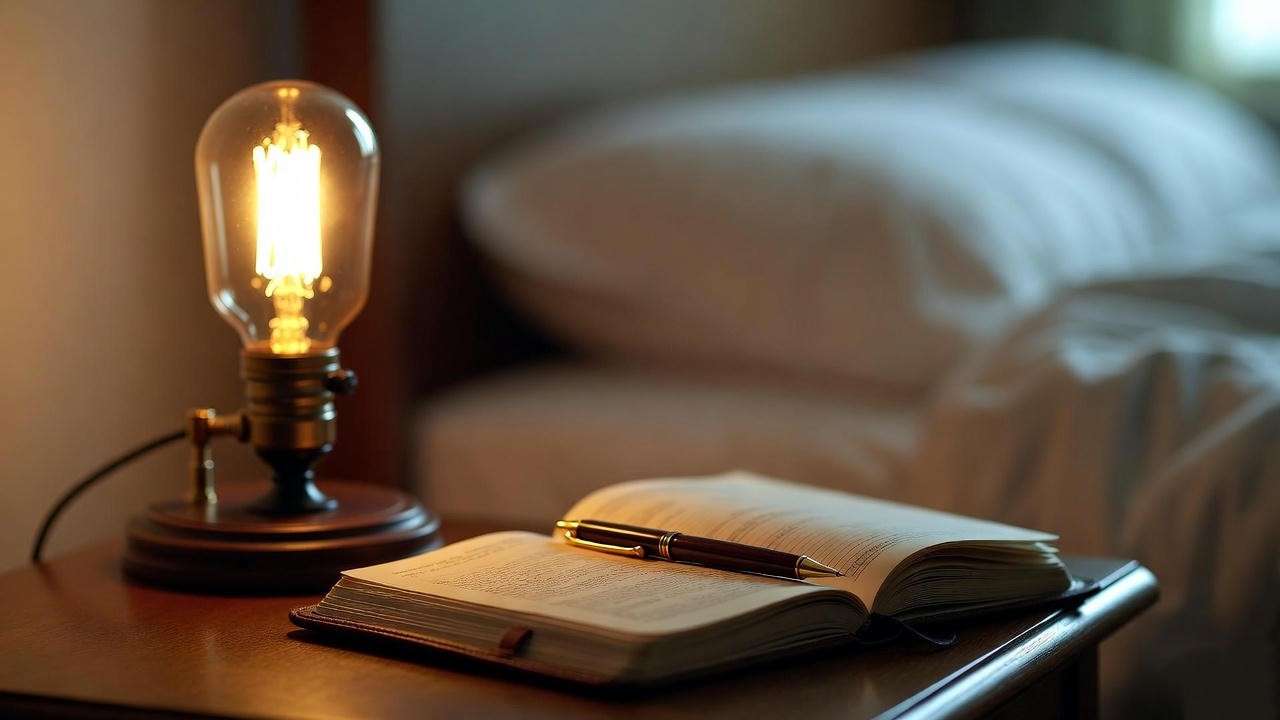 Open dream journal with pen under soft bedside light for better dream recall.