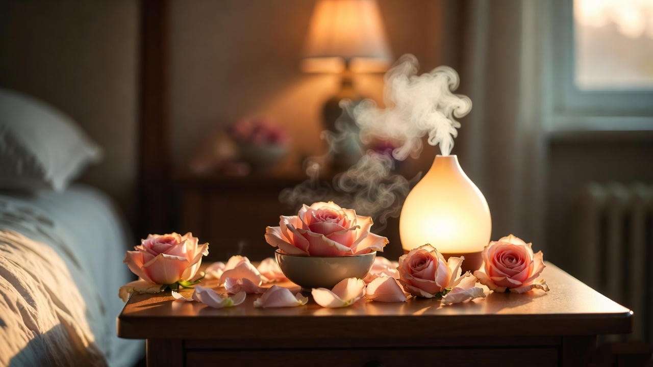 Bedside rose petals and diffuser for Belinda's Dream rose aromatherapy sleep ritual.