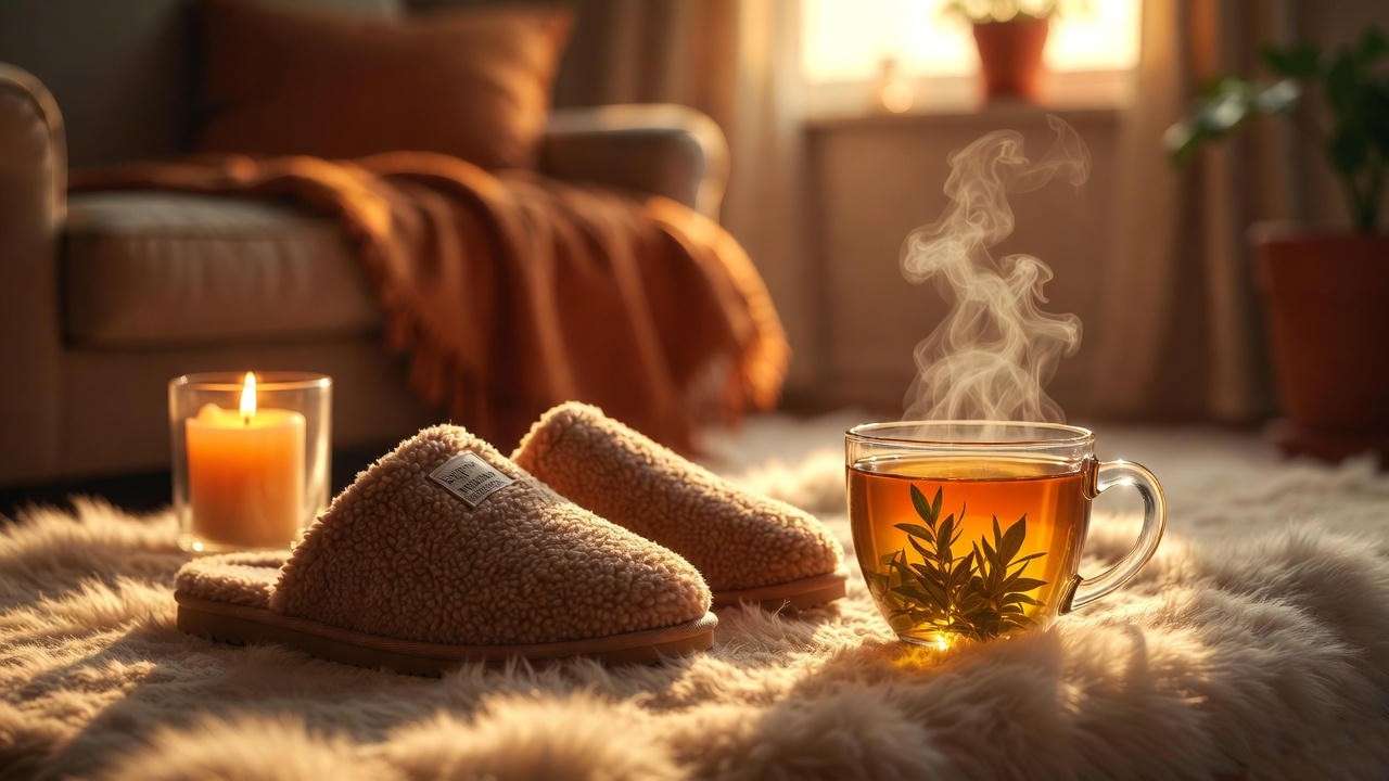 Barefoot Dreams slippers on fluffy rug with tea and candle for ultimate evening relaxation and sleep hygiene.
