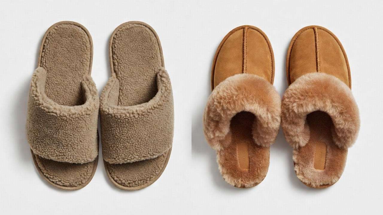 Side-by-side comparison of Barefoot Dreams slippers versus UGG slippers highlighting fabric and design differences.