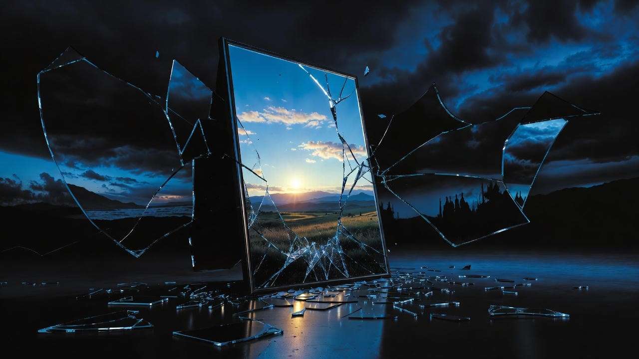  Surreal broken mirror symbolizing shattered dreams and addiction's impact on mental well-being. 
