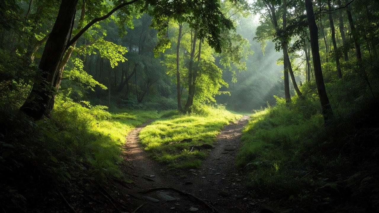 Diverging forest path in sunlight symbolizing life changes and new opportunities for happiness and resilience.