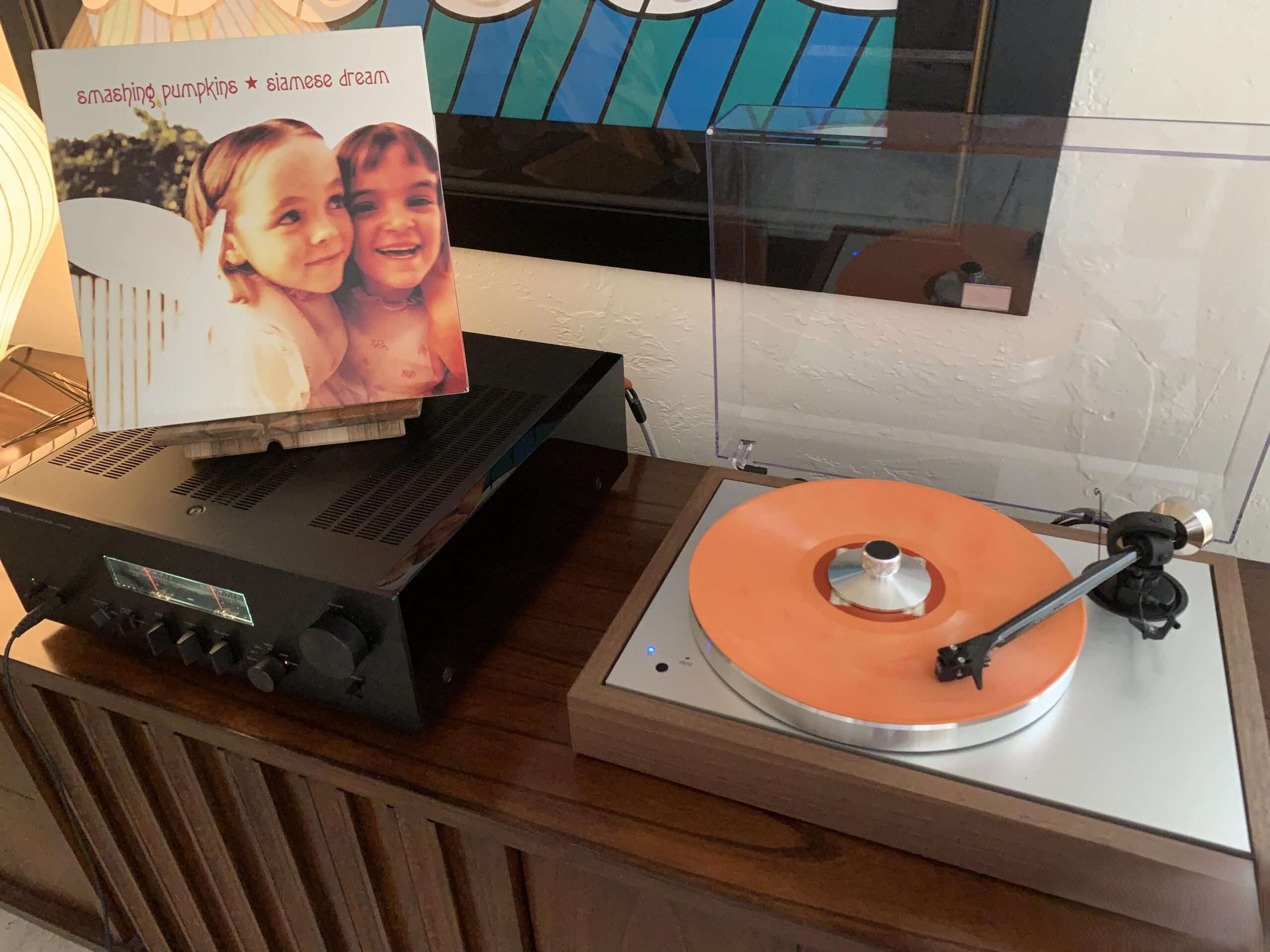 Original 1993 marbled orange Siamese Dream vinyl spinning on turntable for dreamy subconscious resonance.