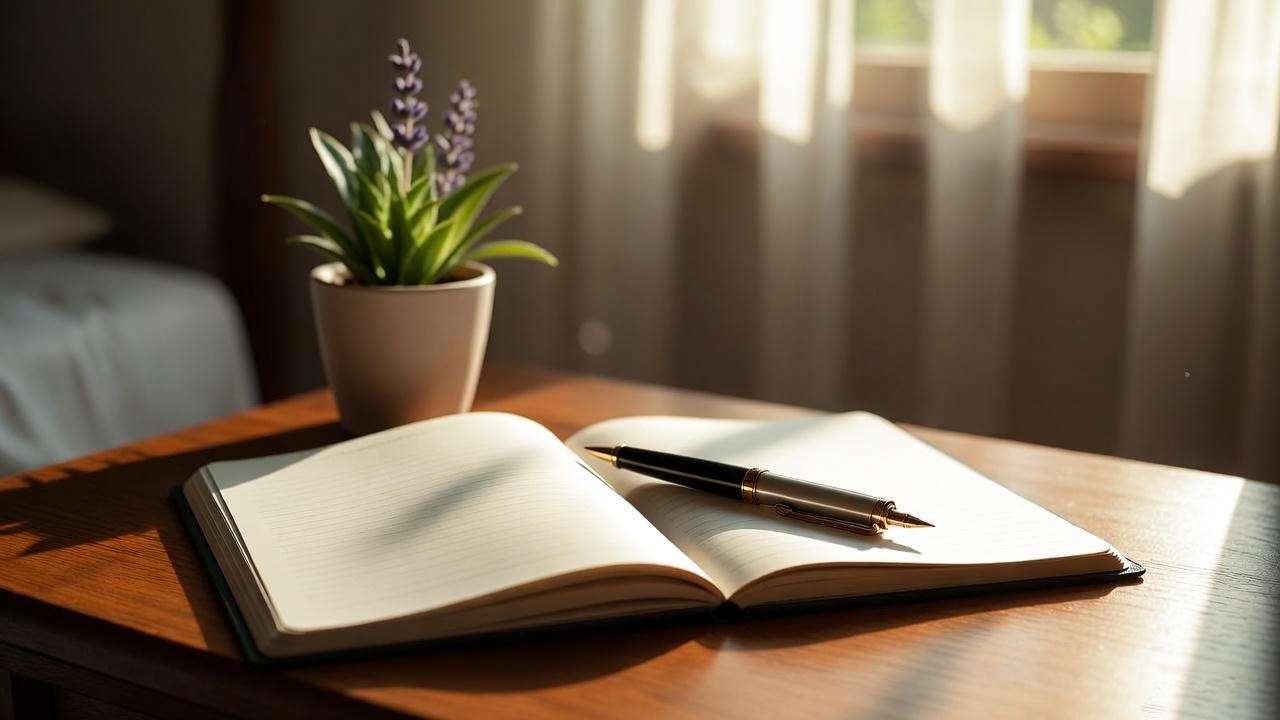 Open dream journal on bedside table for tracking and transforming nightmares. 