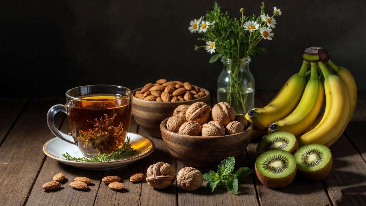 Arrangement of natural sleep-promoting foods and herbal tea for better rest and holistic well-being. 