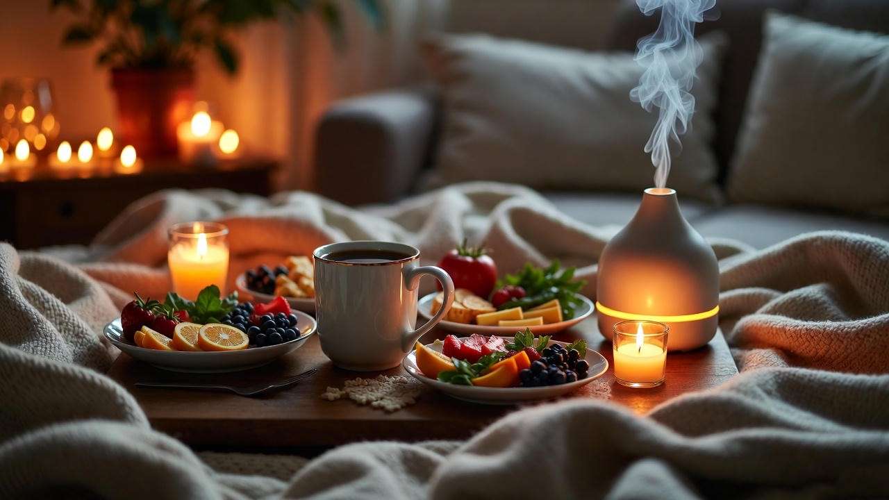 Cozy home holistic happy hour setup with herbal tea, snacks, and candle for true relaxation and happiness.
