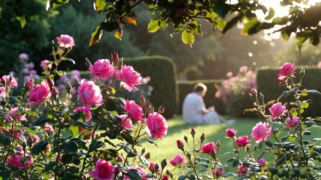 Meditating in a garden with Belinda's Dream roses for mindfulness and calm.