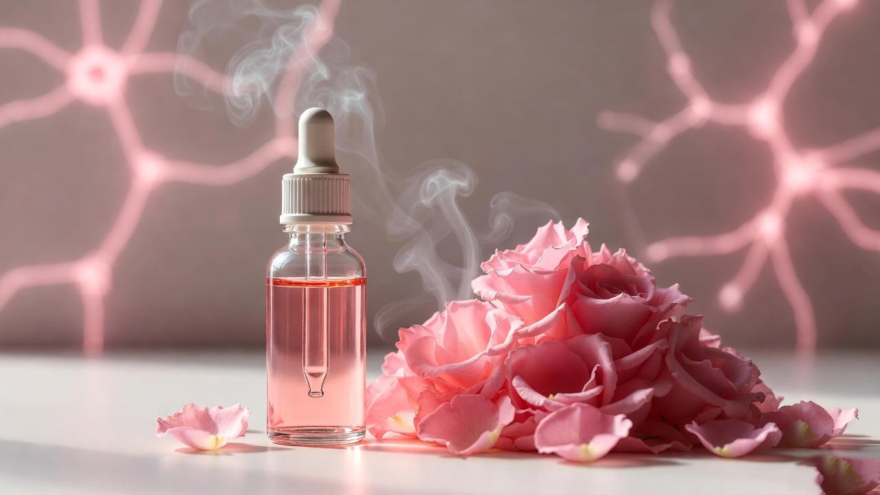 Rose essential oil and petals representing science-backed relaxation benefits of Belinda's Dream rose fragrance.