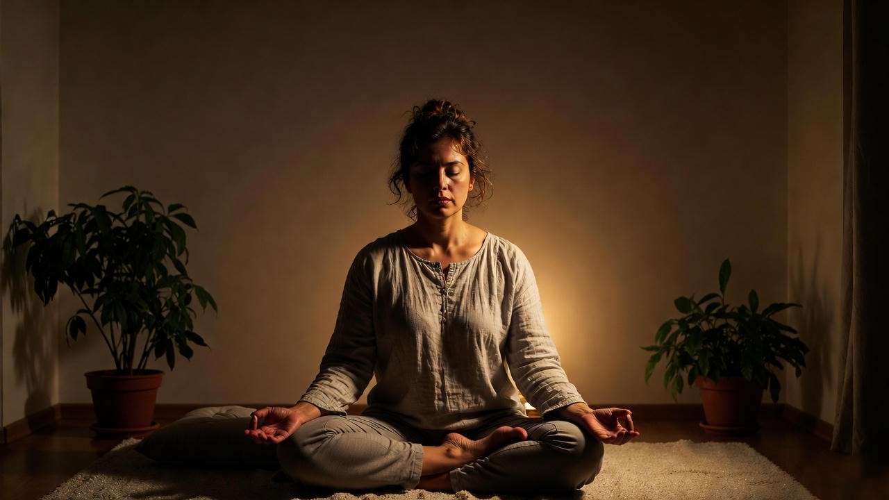  Person practicing mindfulness meditation in a dim room for restoring inner peace and better sleep. 