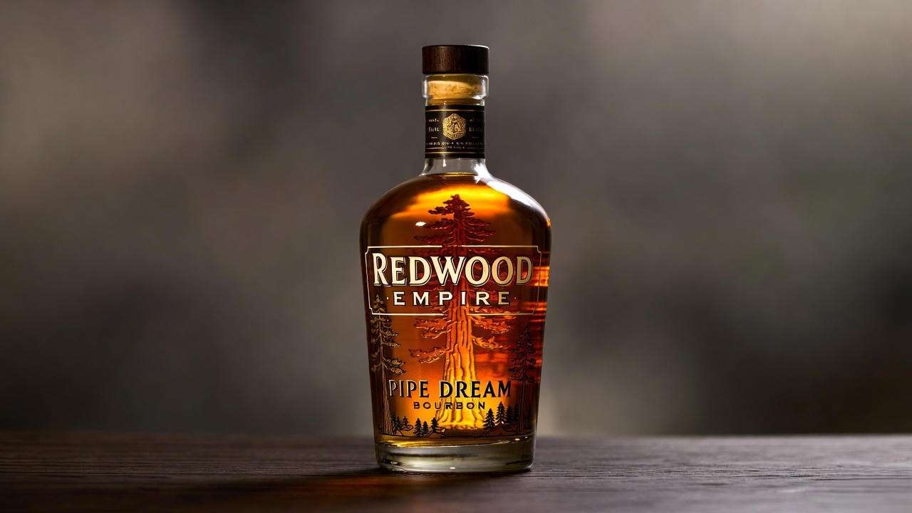 Redwood Empire Pipe Dream Bourbon bottle with amber whiskey and redwood-inspired label
