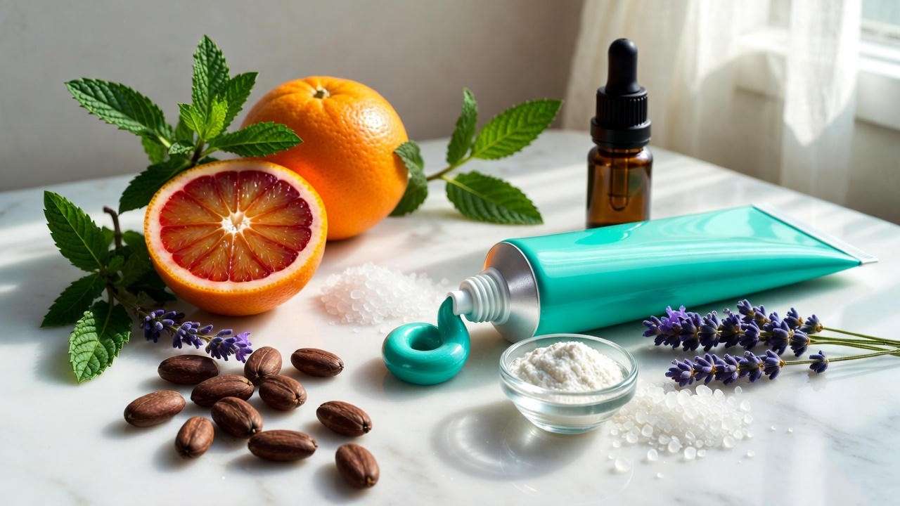 Close-up of Happy Tooth Toothpaste natural ingredients including nano-hydroxyapatite, essential oils, xylitol, and fresh mint.
