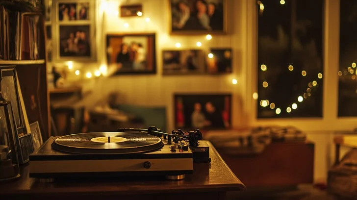 Cozy bedroom with vinyl turntable playing record enhancing relaxation over digital streaming.