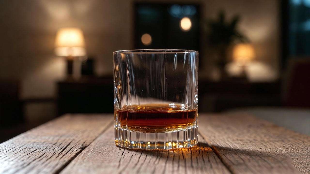 Glass of bourbon neat for mindful evening relaxation ritual and dream enhancement.