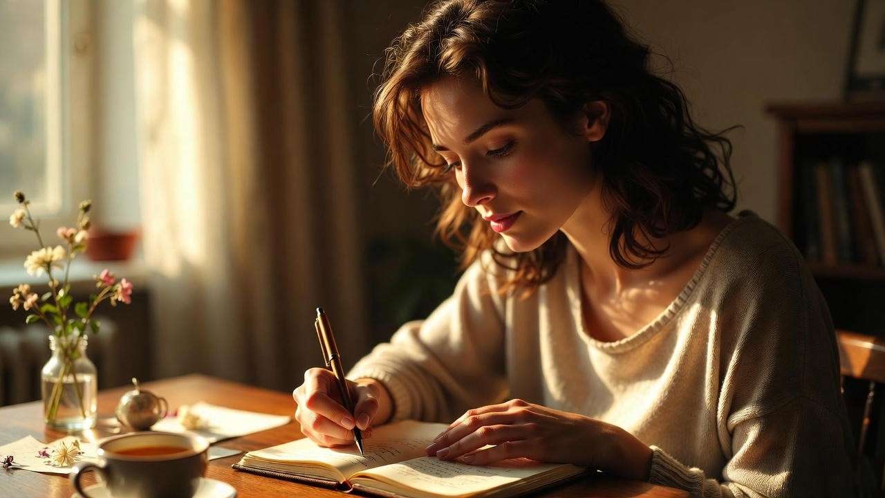 Person practicing gratitude journaling in cozy room with soft light, mindfulness for happiness during life changes.