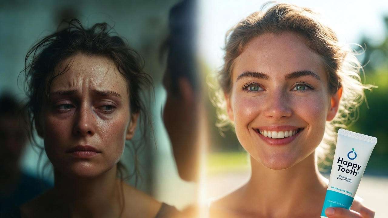 Before and after mood transformation using Happy Tooth Toothpaste morning ritual.
