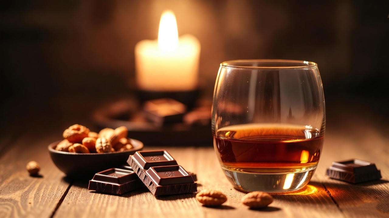 Bourbon paired with dark chocolate and nuts for enhanced evening relaxation ritual.