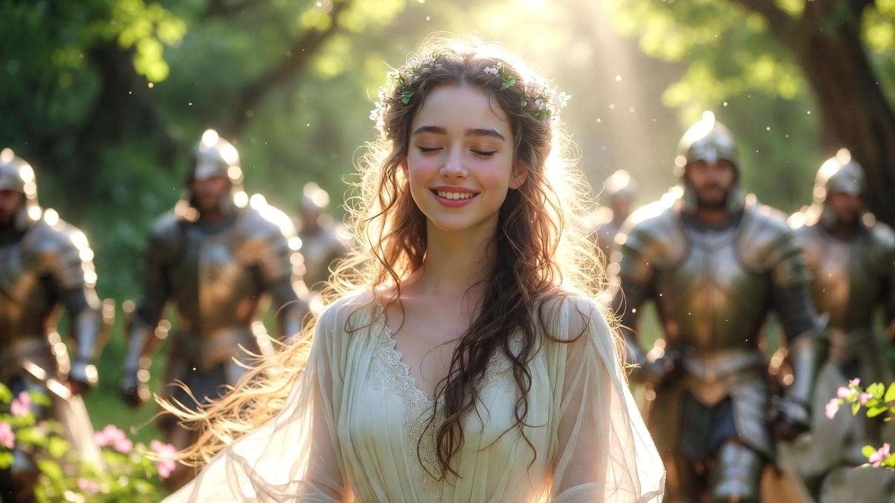 Fantasy saintess smiling serenely with flower crown surrounded by knights in forest, symbolizing happiness in exile from The Saint Happy in Her Exile Chapter 12