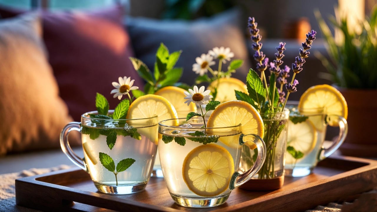 Calming herbal tea mocktails with fresh herbs and lemon for mindful relaxation and better sleep. 