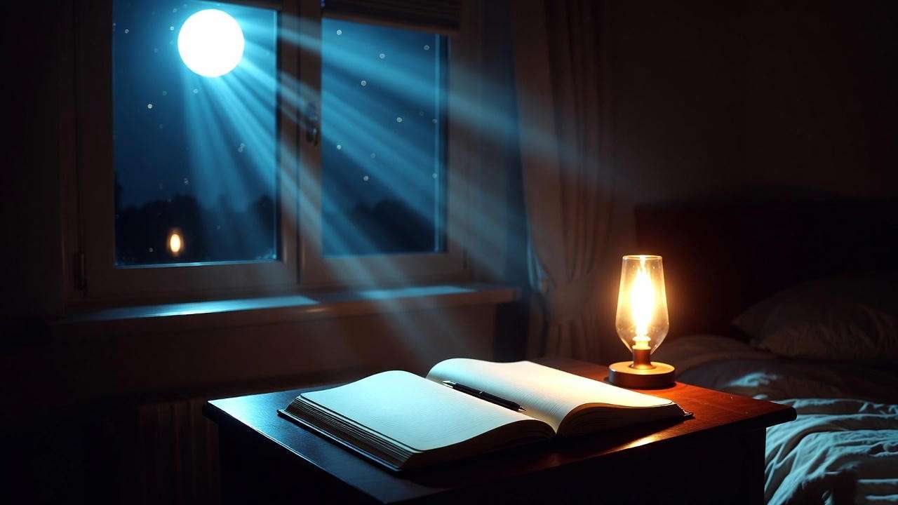 Serene bedside dream journaling setup with open notebook under soft moonlight for visualization and positive change.