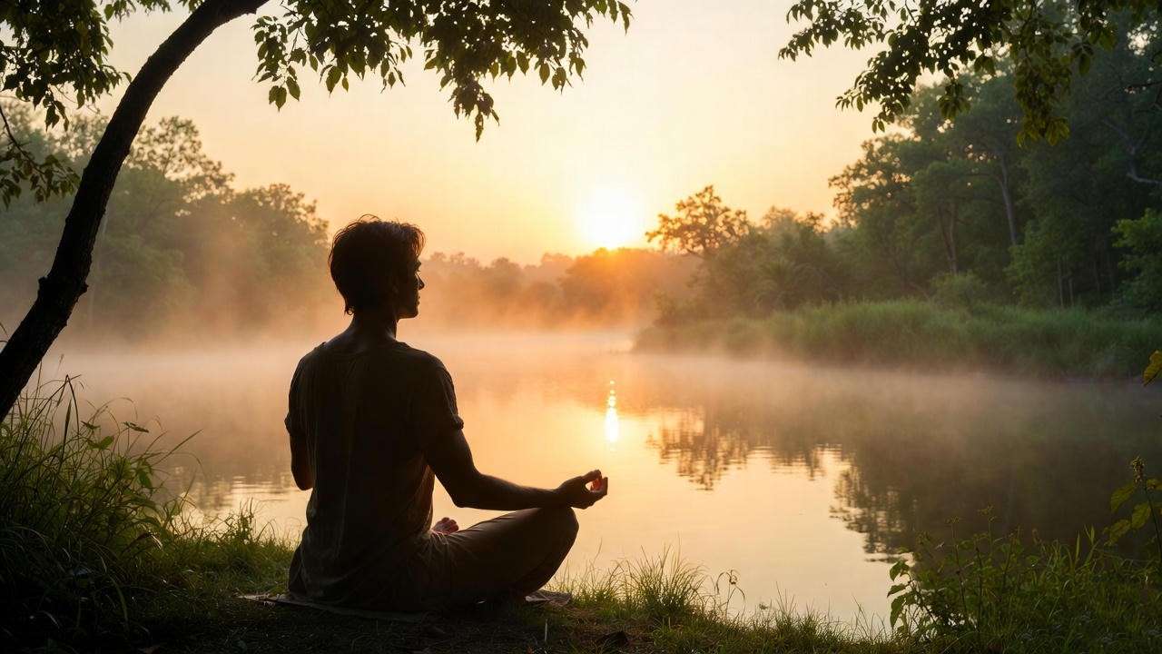 Person meditating peacefully by a tranquil lake at sunrise, representing balance between ambition and inner peace.
