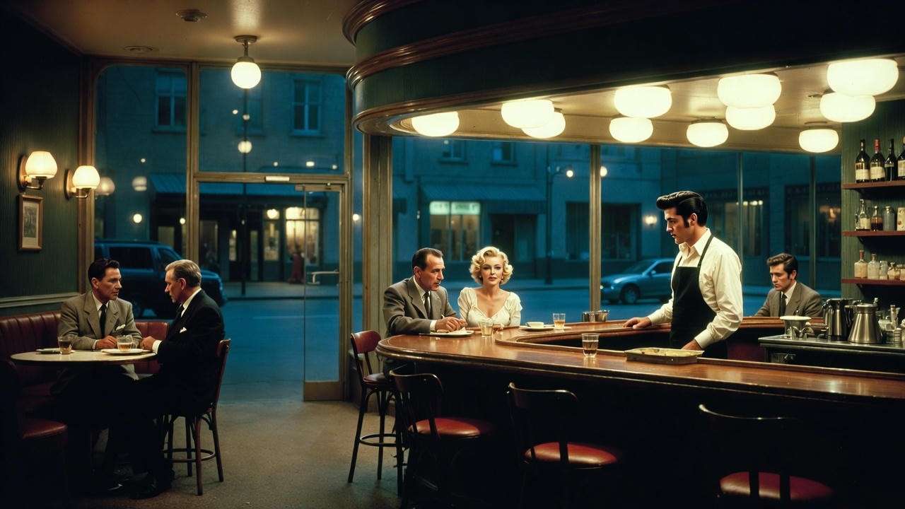Gottfried Helnwein's Boulevard of Broken Dreams painting featuring Elvis Presley, Marilyn Monroe, Humphrey Bogart, and James Dean in a lonely diner scene.

