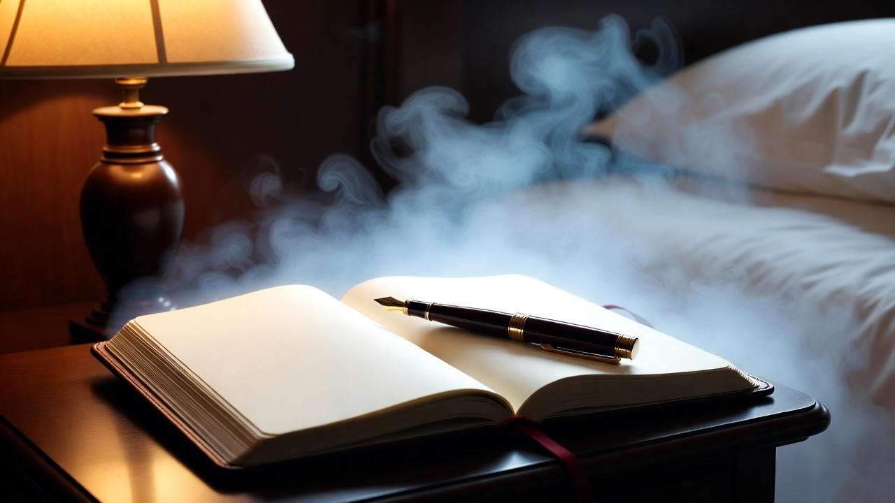 Open dream journal with pen on bedside table for nighttime dream recording and emotional healing.
