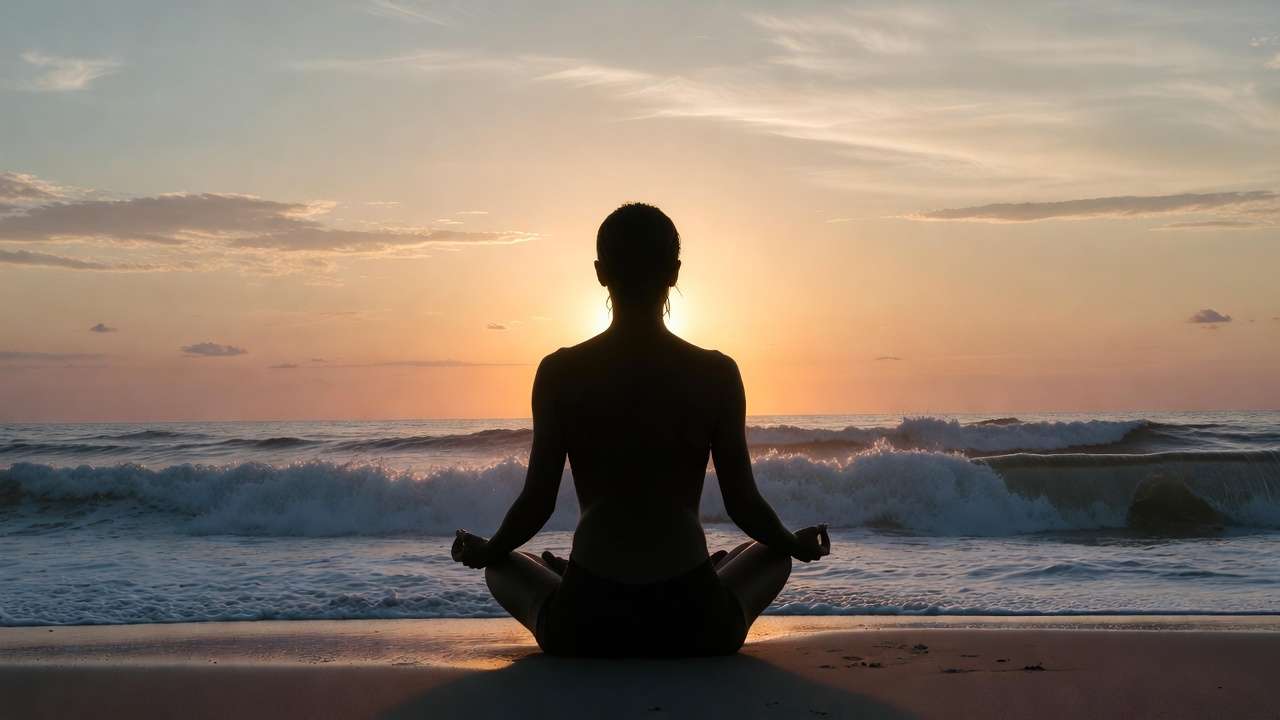 Peaceful sunrise meditation on beach for mindfulness, deeper joy and holistic well-being.
