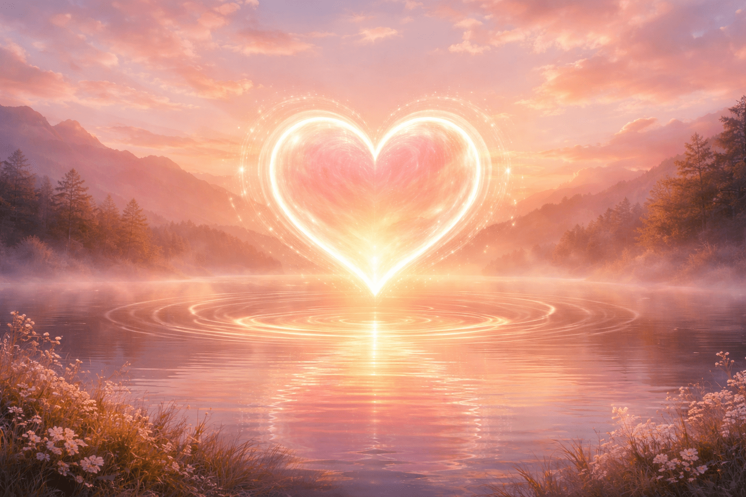  Illustration of a glowing heart over a peaceful sunrise landscape symbolizing emotional balance and inner happiness.
