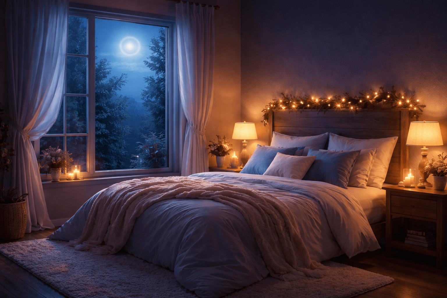 Peaceful bedroom scene at night representing restorative sleep and improved emotional well-being.
