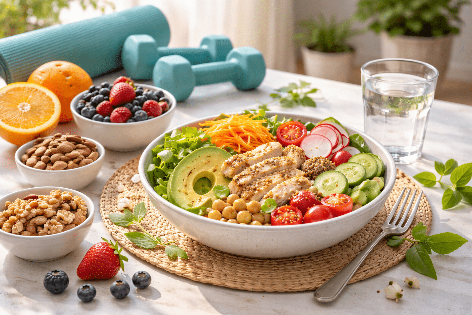 Healthy meal with fruits, vegetables, and nuts symbolizing nutrition and holistic wellness for a happy heart.
