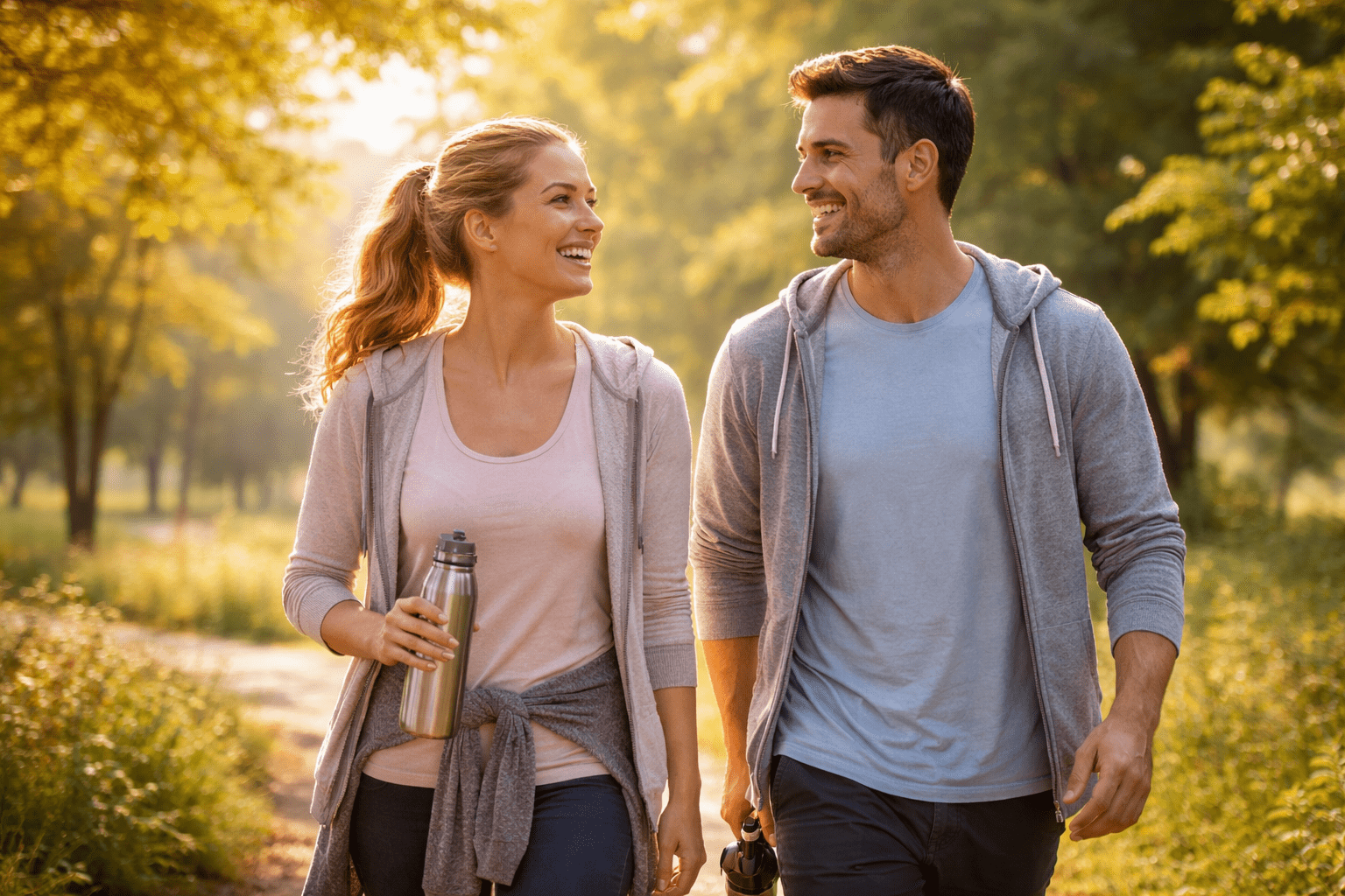Two people walking in a sunlit park, representing happiness, emotional well-being, and social connection.
