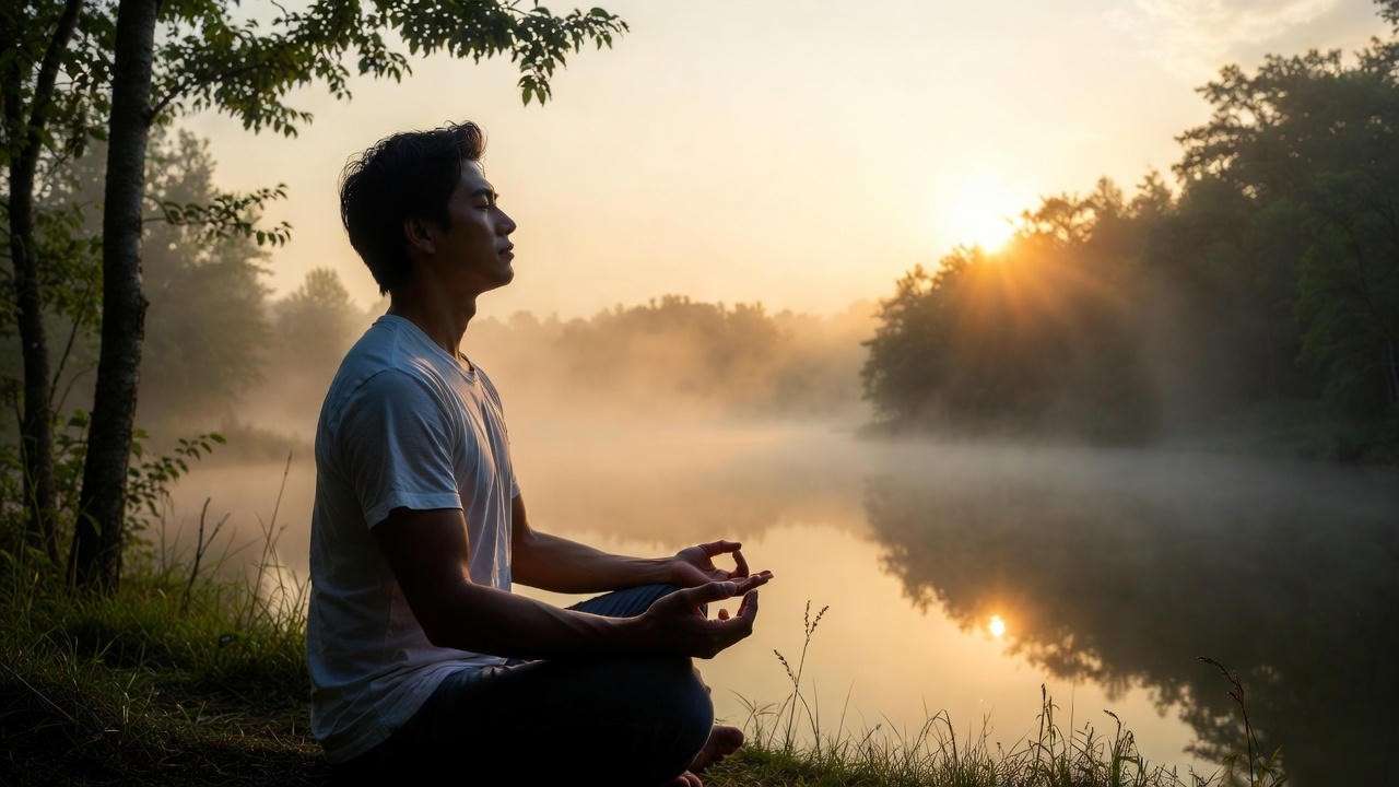 Person meditating in serene nature setting for mindfulness and healing loneliness.
