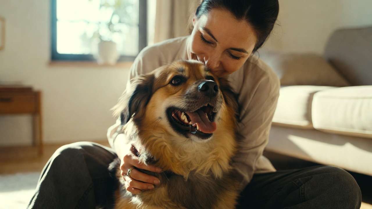 Owner playing with a happy dog in a bright home, highlighting stress-free pet care and emotional well-being.