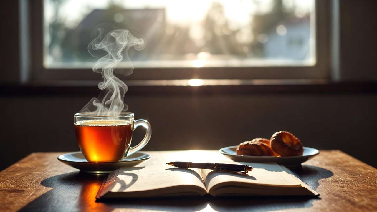 Morning tea and journal setup, illustrating small daily joy rituals for happiness and well-being.
