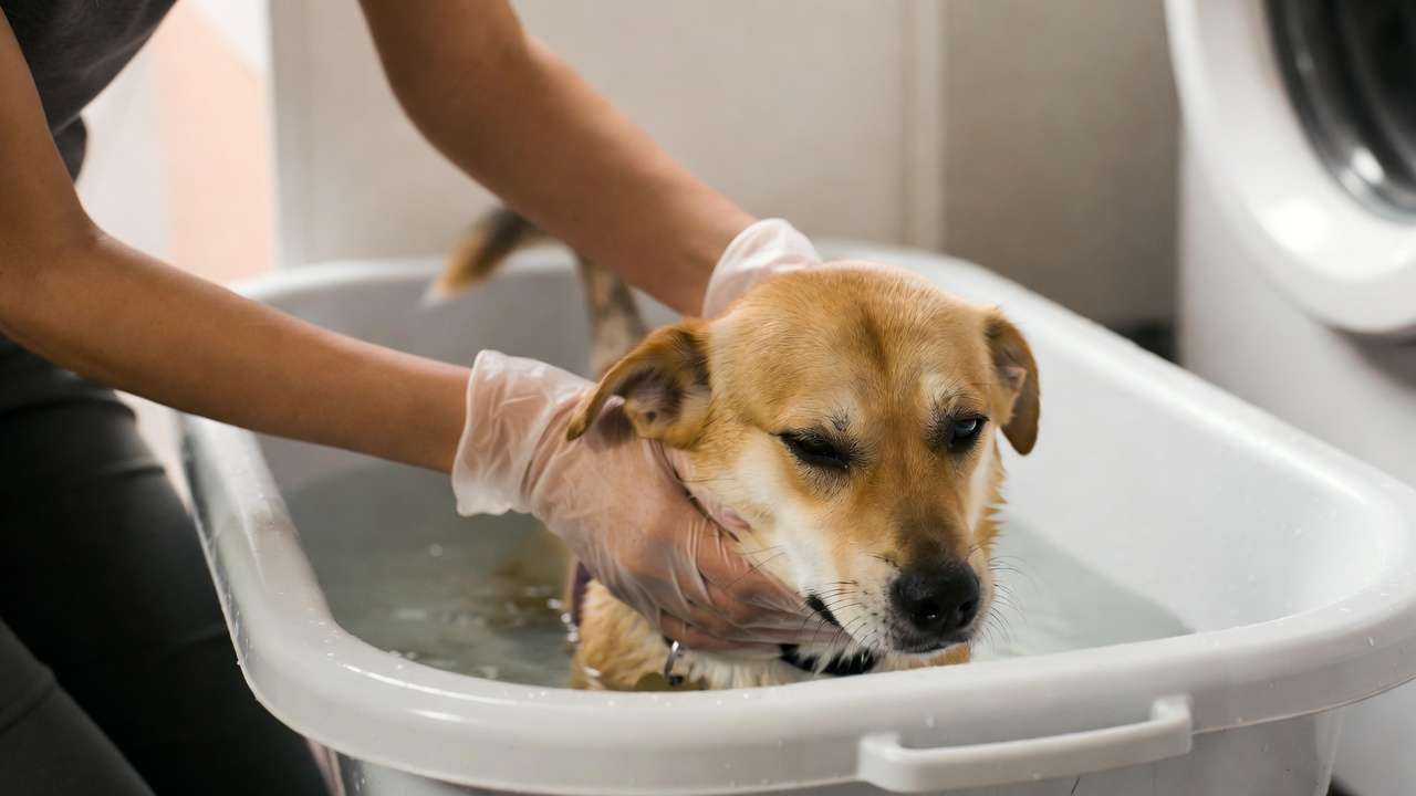 Owner carefully dipping a dog in a tub as part of safe flea and tick treatment process.