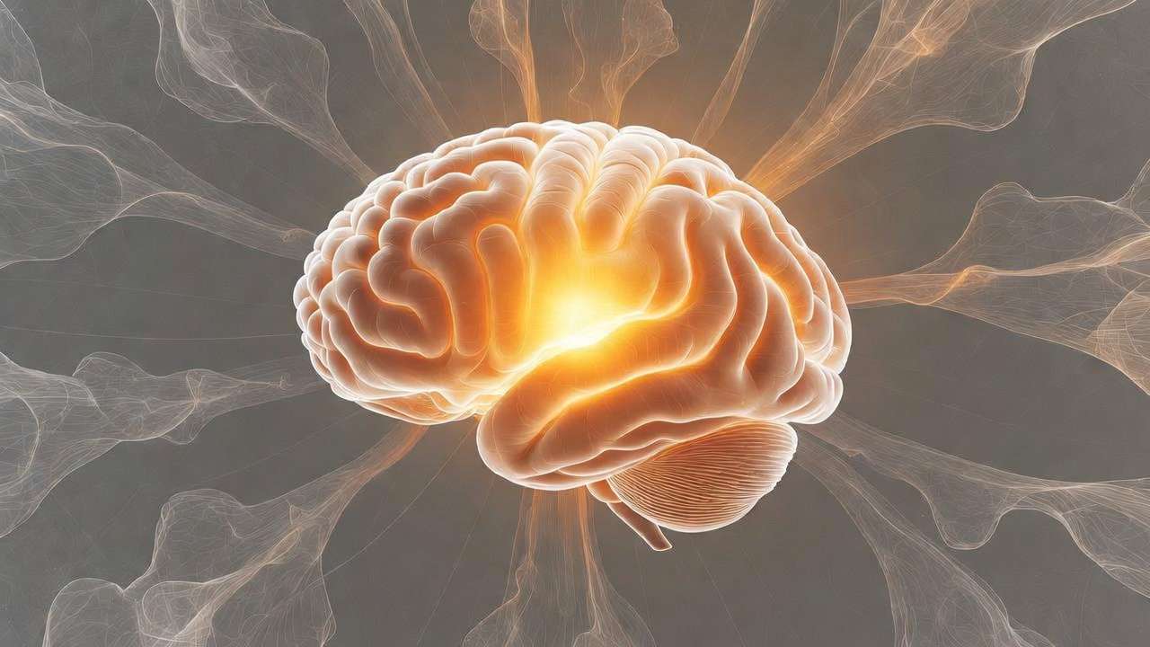 Glowing brain with neural connections symbolizing happiness, dopamine, and serotonin activation.
