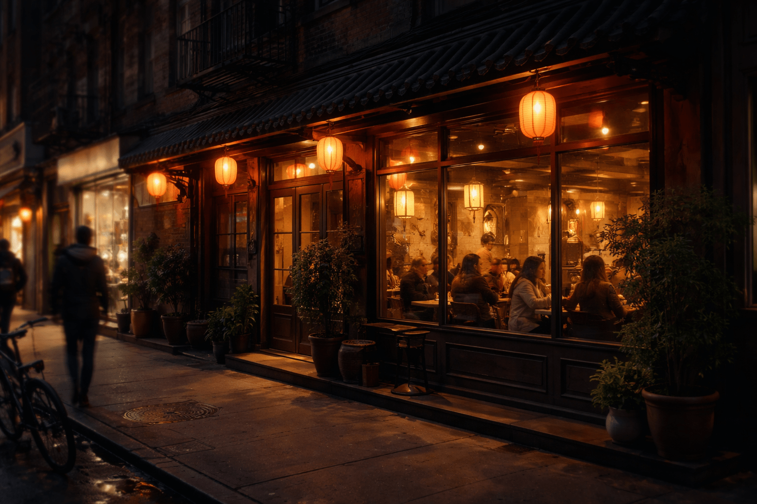 Exterior view of Happy Hunan NYC restaurant at night in New York City.
