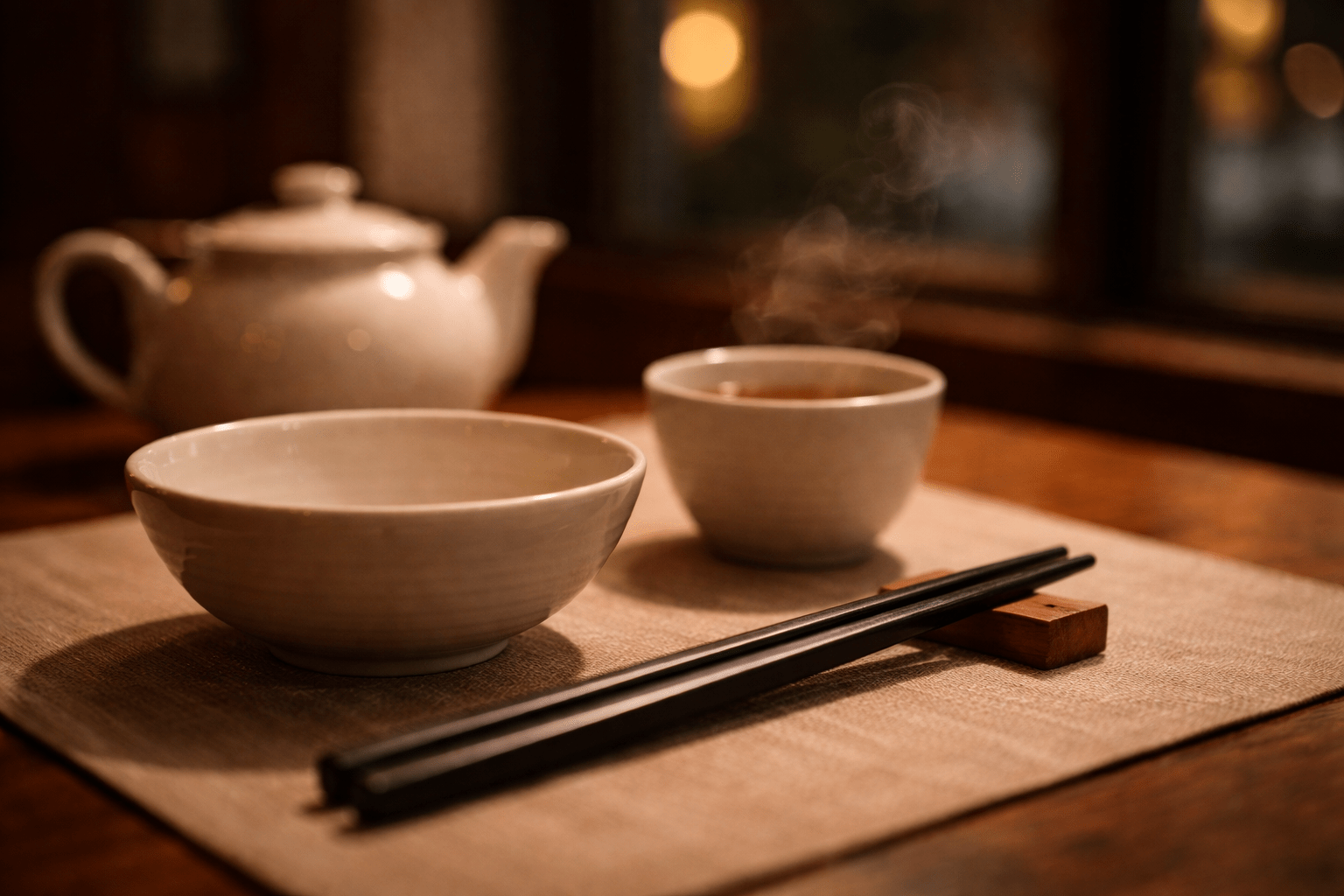 Mindful eating setup with Chinese food and tea.