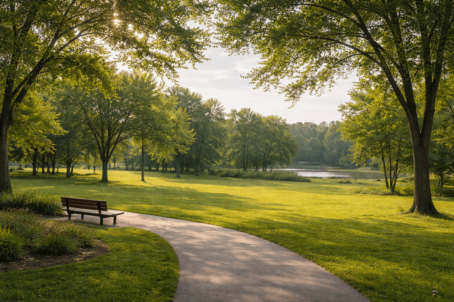 Natural green park space promoting mental restoration, emotional balance, and stress relief.